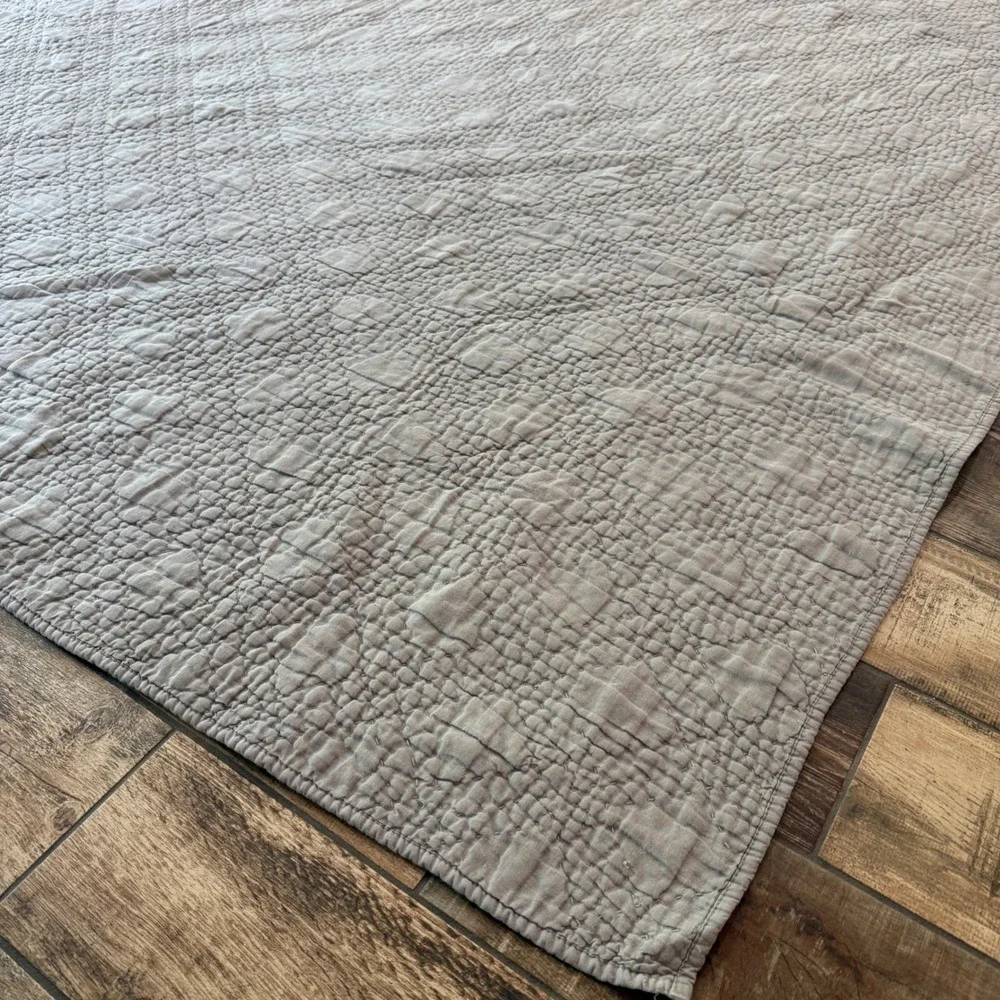 RH Restoration Hardware Linen Cotton Kantha Pick Stitch Quilt King Grey Taupe